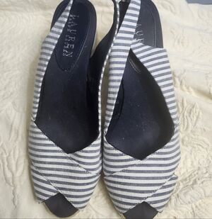Lauren Ralph Lauren Cassara Espadrille Navy Striped Wedge Slingback Peep Toe